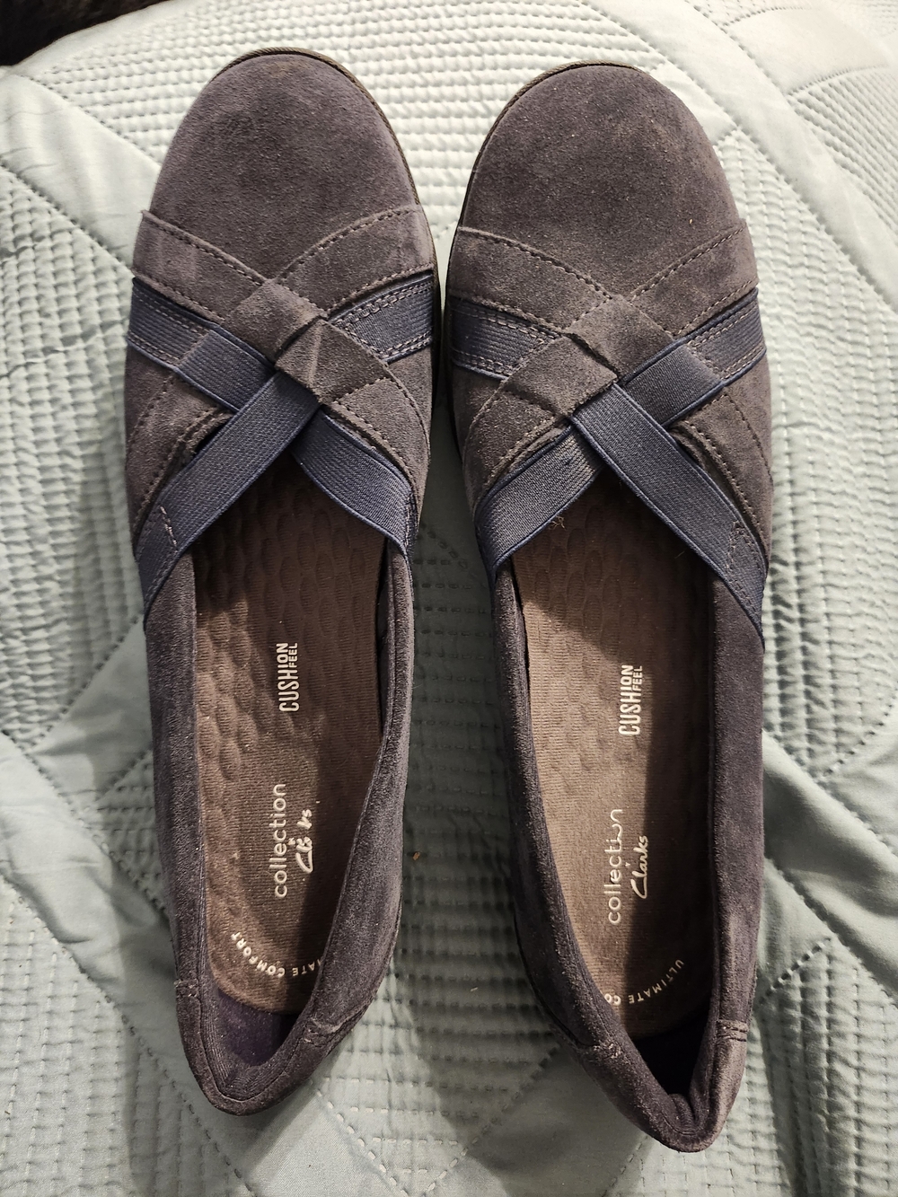 Clarks Navy Suede Crisscross Slip-On Flats